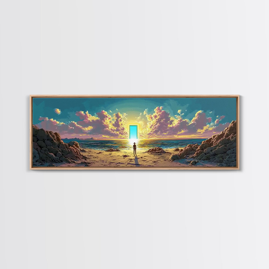 Glowing Doorway On Rocky Beach Wall Art, Surreal Ocean Sunset Canvas, Coastal Fantasy Decor, Mystical Living Room Art Print