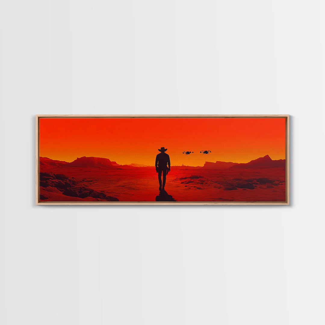 Cowboy Silhouette In Red Desert Sunset Wall Art, Western Sci Fi Landscape Canvas, Bold Southwestern Decor For Man Cave Wall Decor