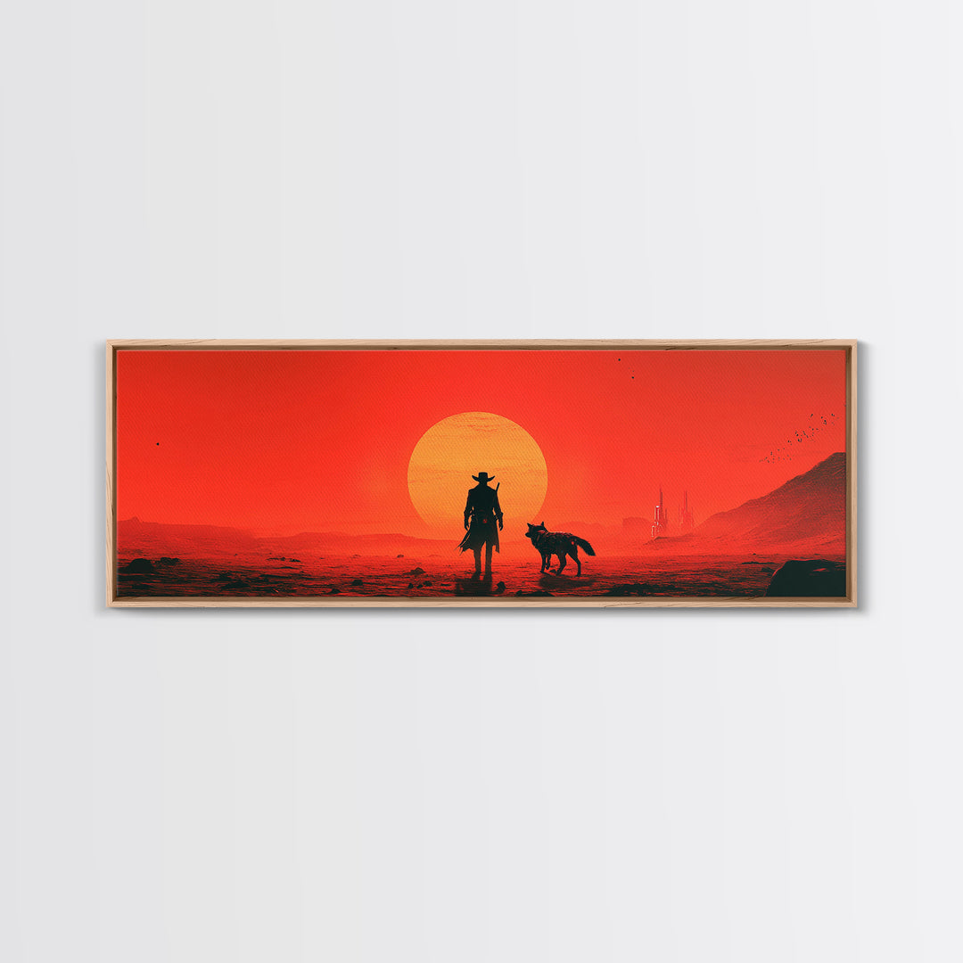 Red Sci Fi Cowboy And Dog Sunset Wall Art, Western Desert Landscape, Futuristic Dystopian Decor, Large Man Cave Gift Print