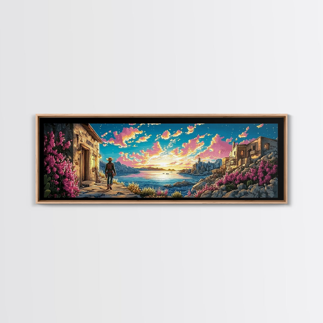 Cowboy Walking Through Coastal Village Wall Art, Mediterranean Seascape Print, Colorful Travel Poster, Living Room Decor