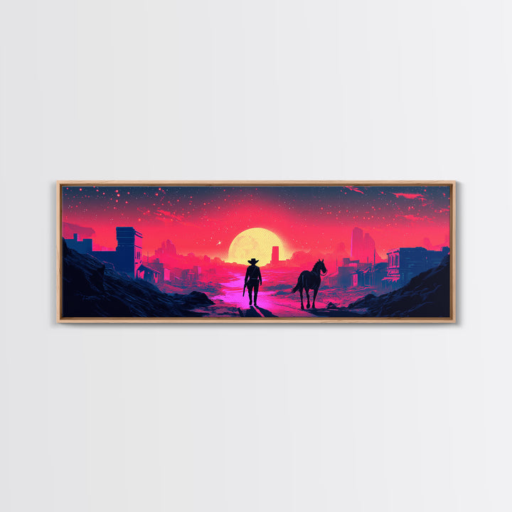 Neon Cowboy And Horse Dystopian City Wall Art, Cyberpunk Sunset Landscape, Sci Fi Poster, Large Gaming Room Decor Gift Print