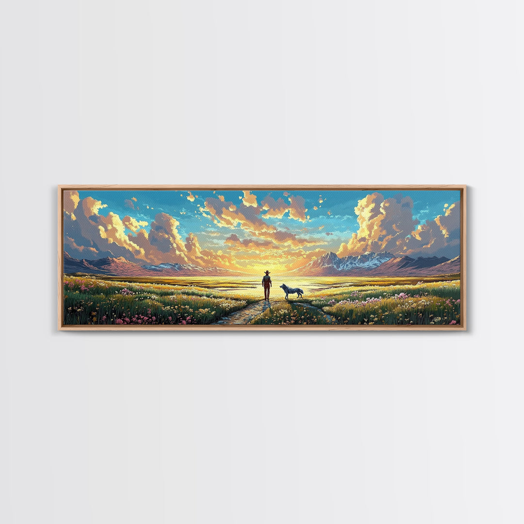 Lone Cowboy And Dog Wildflower Prairie Canvas Print, Mountain Landscape Wall Art, Western Home Decor, Housewarming Gift Print