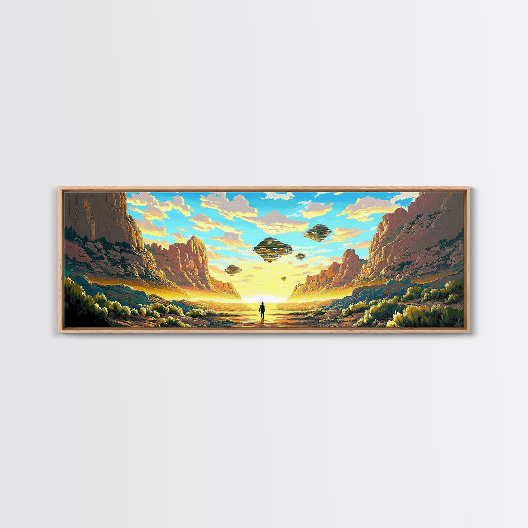 Alien Canyon Explorer With UFOs Canvas Print, Panoramic Sci Fi Desert Landscape Wall Art For Gaming Room Decor And Office Decor