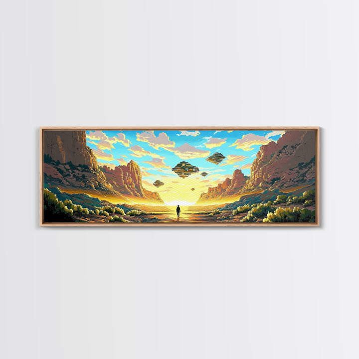 Alien Canyon Explorer With UFOs Canvas Print, Panoramic Sci Fi Desert Landscape Wall Art For Gaming Room Decor And Office Decor