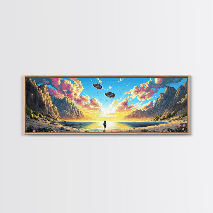 Pastel Alien Coast With UFOs Framed Canvas Print, Panoramic Sci Fi Ocean Landscape Wall Art For Beach House Decor And Living Room Decor