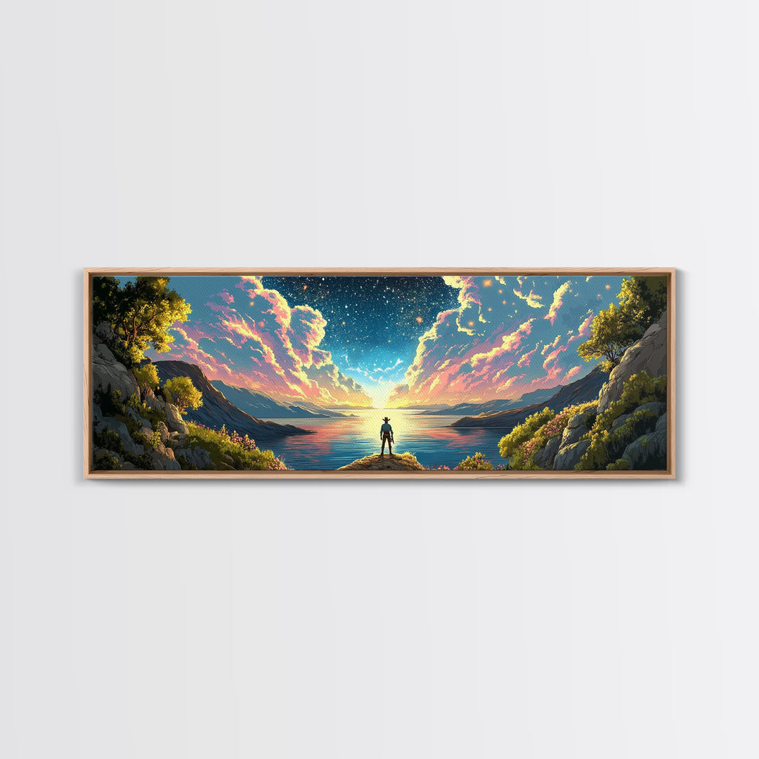 Starlit Lake Explorer Under Pink Clouds Canvas Print, Panoramic Celestial Landscape Wall Art For Dreamy Bedroom Decor And Office Decor
