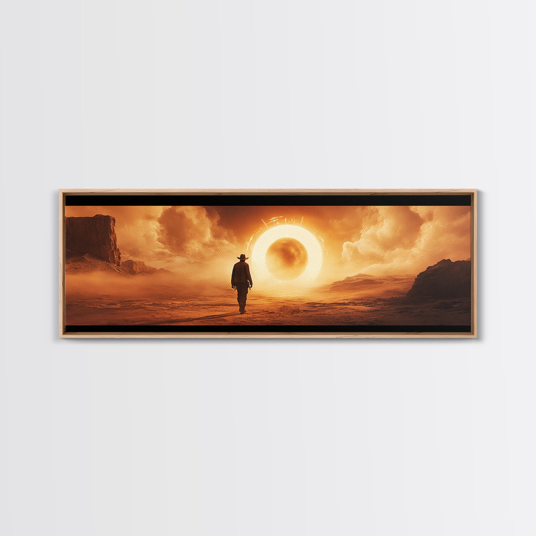 Surreal Desert Eclipse Cowboy Framed Canvas Print, Cinematic Western Landscape Wall Art For Man Cave Decor And Office Decor