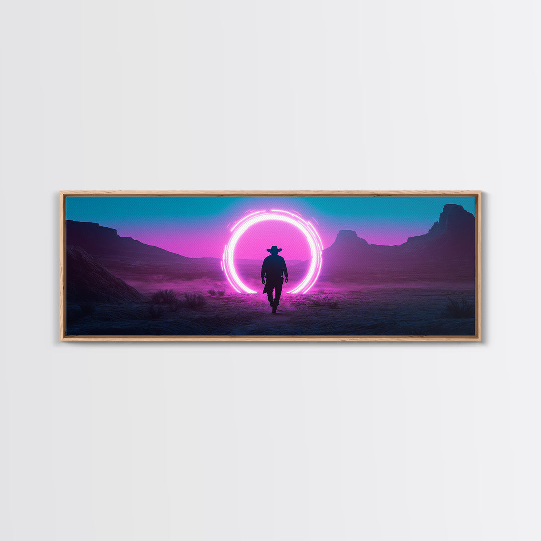 Neon Portal Cowboy In Purple Desert Framed Canvas Print, Synthwave Western Wall Art For Gaming Room Decor And Man Cave Decor