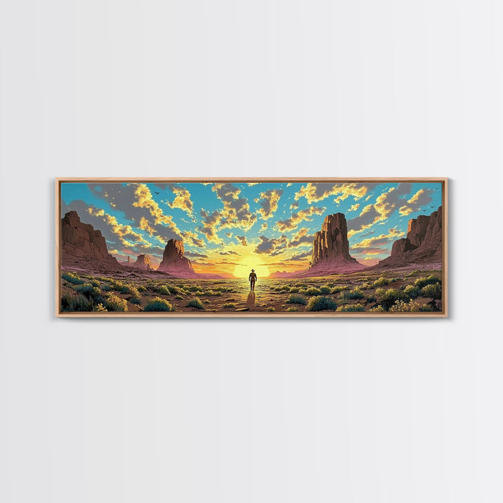 Monument Valley Cowboy At Sunrise Canvas Print, Panoramic Southwestern Desert Landscape Wall Art For Rustic Home Decor And Office Decor