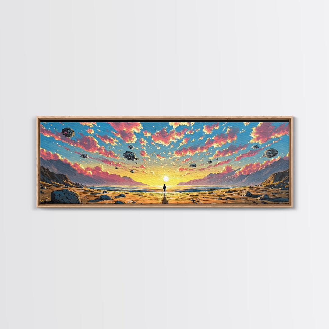 Pastel Alien Ships Over Sunset Shore, Lone Figure At Ocean Horizon, Sci Fi Wall Art, Coastal Canvas Print, Futuristic Decor