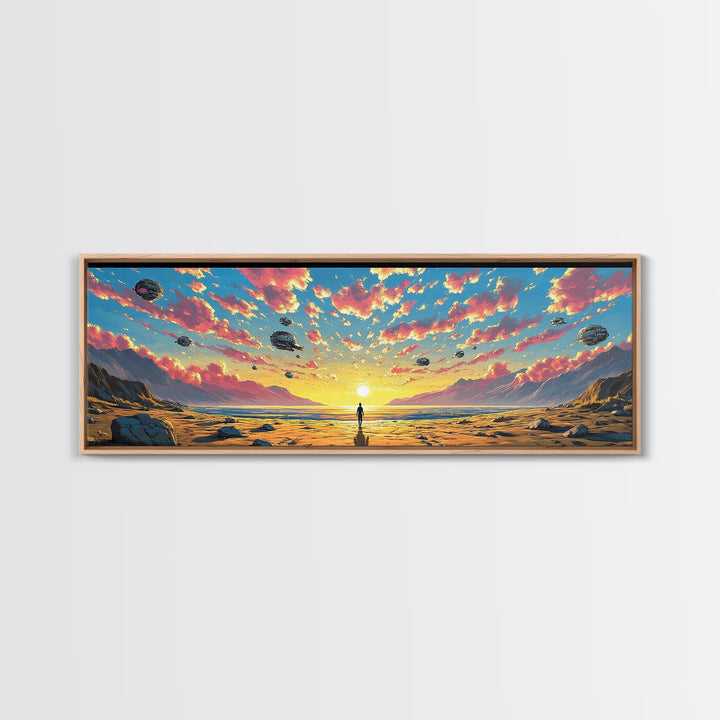 Pastel Alien Ships Over Sunset Shore, Lone Figure At Ocean Horizon, Sci Fi Wall Art, Coastal Canvas Print, Futuristic Decor