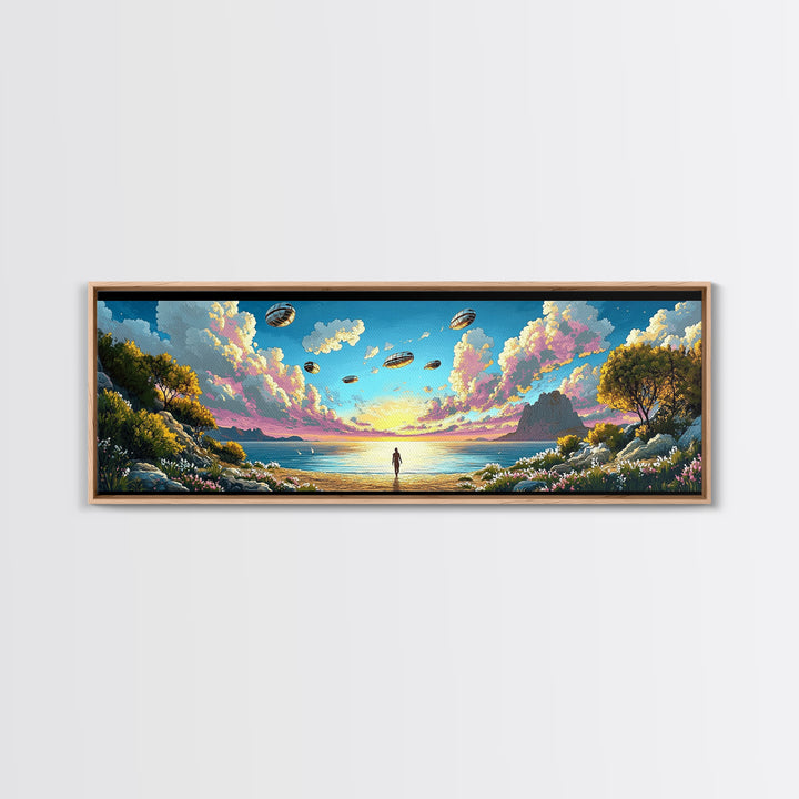 Alien Airships Above Flowered Coast, Lone Figure By Blue Sea, Whimsical Sci Fi Wall Art, Coastal Framed Canvas Print, Home Decor