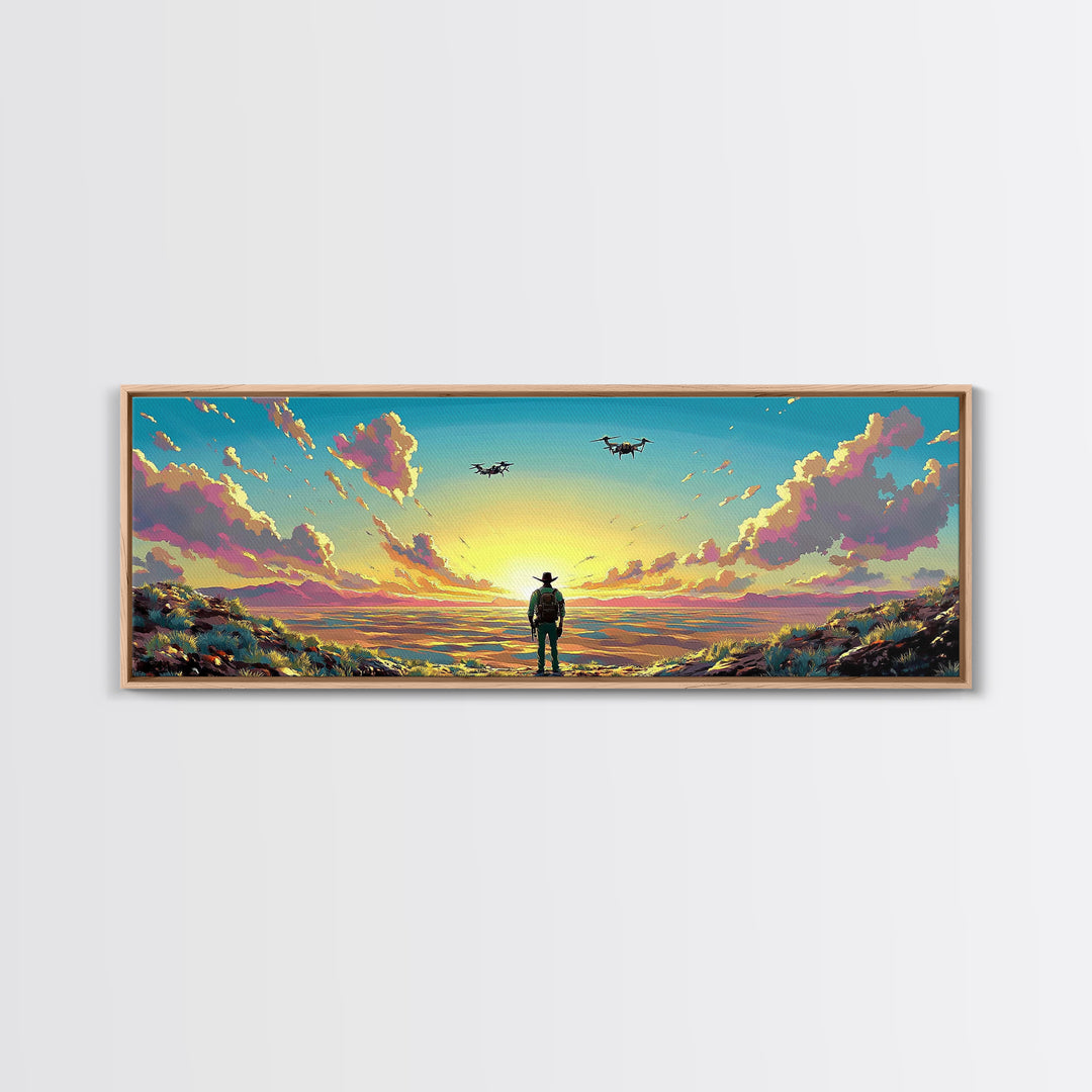 Cowboy Facing Drone Ships At Golden Sunrise, Pink Cloud Meadow Landscape Wall Art, Western Canvas Print, Futuristic Decor