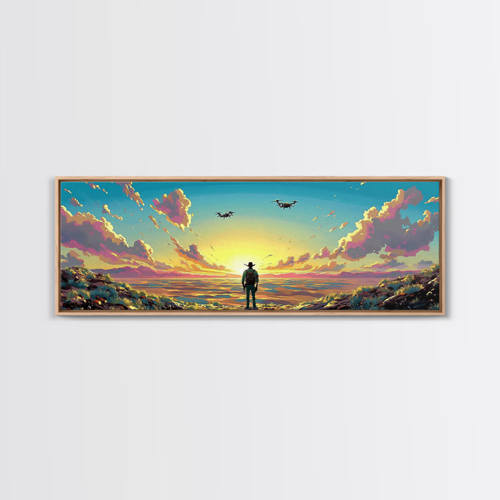 Cowboy Facing Drone Ships At Golden Sunrise, Pink Cloud Meadow Landscape Wall Art, Western Canvas Print, Futuristic Decor