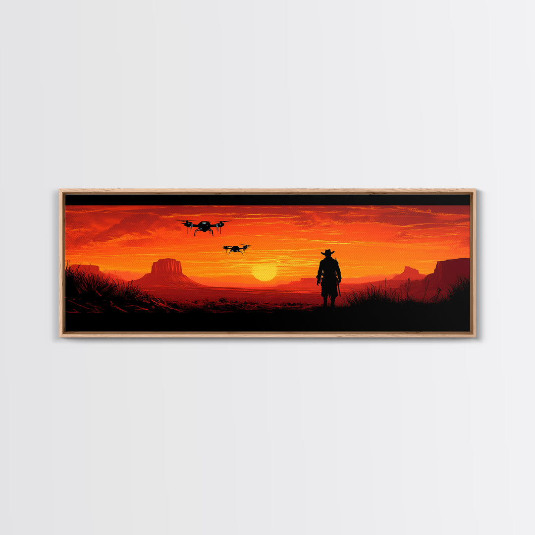 Silhouetted Cowboy With Drones At Orange Desert Sunset, Western Wall Art, Sci Fi Canvas Print, Man Cave Decor, Southwest Art
