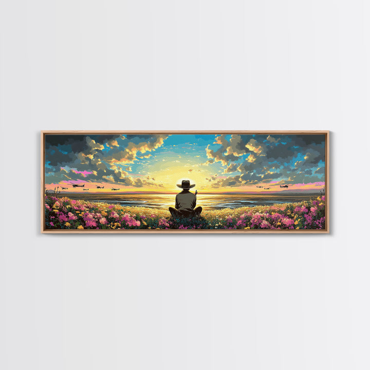 Seated Traveler In Flowered Meadow, Golden Sky Over Wide Valley, Peaceful Wall Art, Landscape Canvas Print, Cozy Home Decor