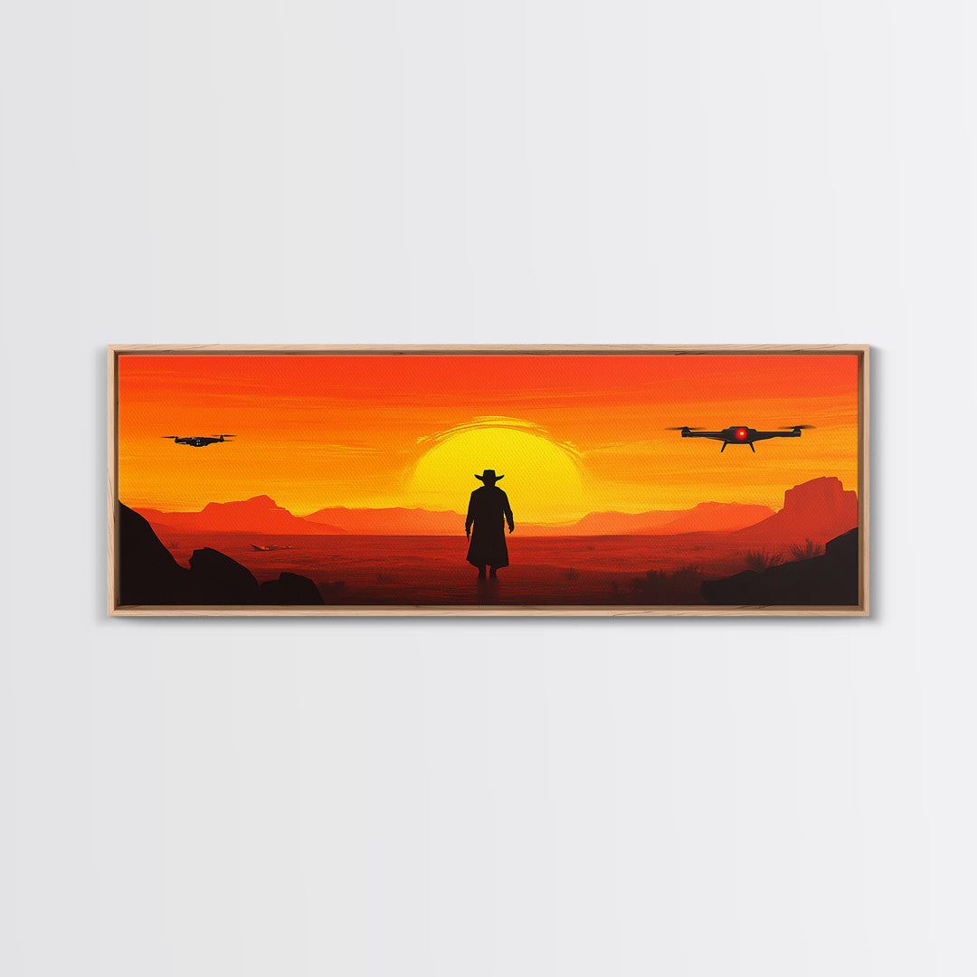Lone Cowboy And Hovering Drones At Blazing Sun, Red Desert Western Wall Art, Sci Fi Canvas Print, Futuristic Home Decor, Desert Art