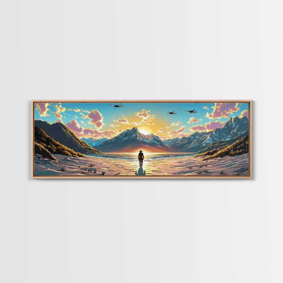 Snowy Alpine Sunset Explorer Wall Art, Panoramic Canvas Print, Mountain Landscape, Sci Fi Decor, Large Living Room Decor