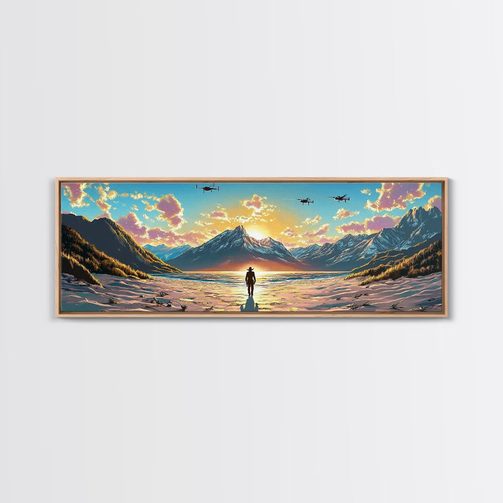 Snowy Alpine Sunset Explorer Wall Art, Panoramic Canvas Print, Mountain Landscape, Sci Fi Decor, Large Living Room Decor