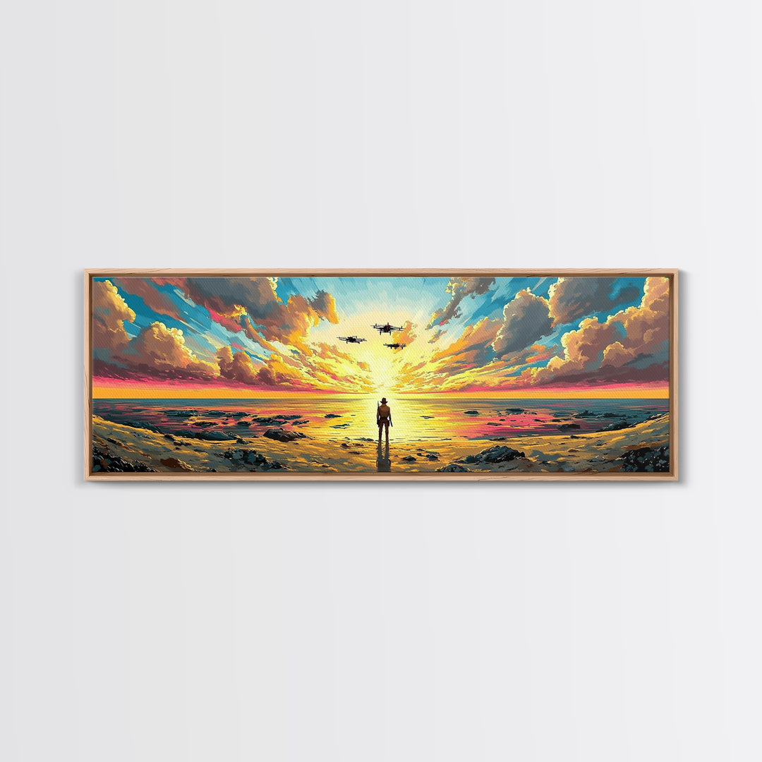 Radiant Ocean Sunset Explorer Wall Art, Panoramic Canvas Print, Coastal Seascape Art, Beach House Decor, Large Wall Decor