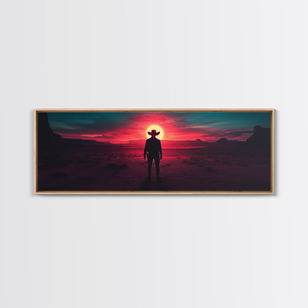 Crimson Desert Cowboy Silhouette Wall Art, Framed Canvas Print, Western Decor, Moody Landscape, Large Man Cave Wall Decor