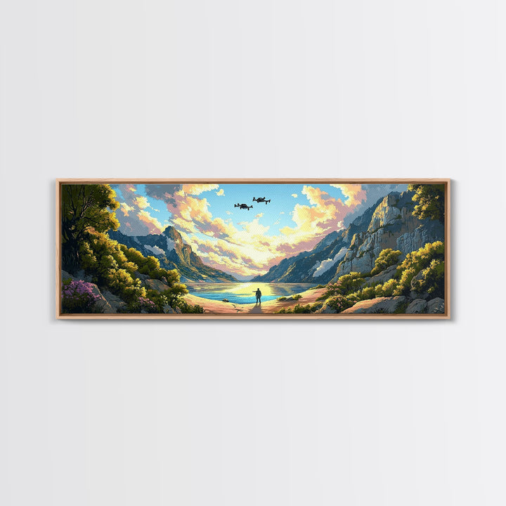 Verdant Mountain Lake Explorer Wall Art, Panoramic Canvas Print, Nature Landscape Art, Japandi Decor, Large Home Wall Decor