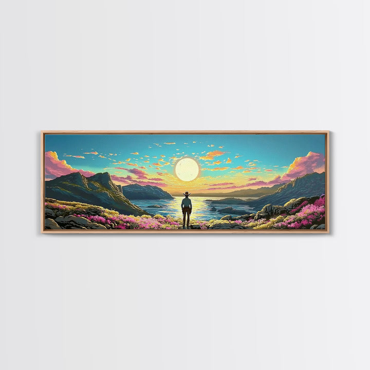 Full Moon Coastal Cowboy Wall Art, Panoramic Canvas Print, Ocean Landscape Art, Western Decor, Large Bedroom Wall Decor