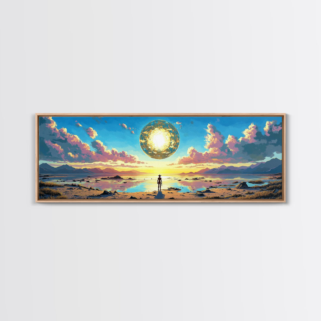 Golden Celestial Orb Wall Art, Panoramic Canvas Print, Modern Sci Fi Landscape, Surreal Art, Large Living Room Wall Decor