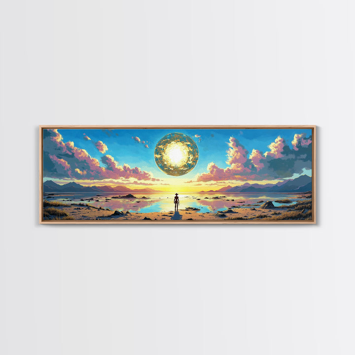 Golden Celestial Orb Wall Art, Panoramic Canvas Print, Modern Sci Fi Landscape, Surreal Art, Large Living Room Wall Decor