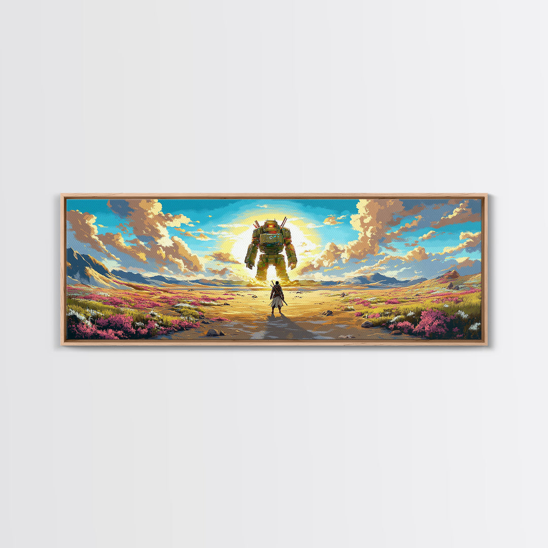 Colossal Mech And Wanderer Wall Art, Panoramic Canvas Print, Futuristic Landscape, Sci Fi Decor, Large Gaming Room Decor