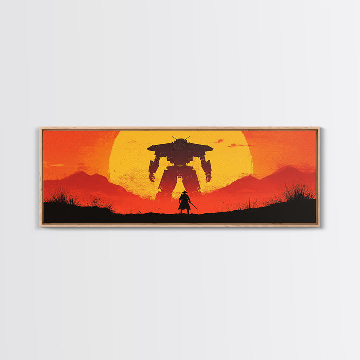 Samurai Facing Giant Mech At Orange Sunset Wall Art, Retro Sci Fi Fantasy Poster, Gaming Room Decor, Futuristic Canvas Print