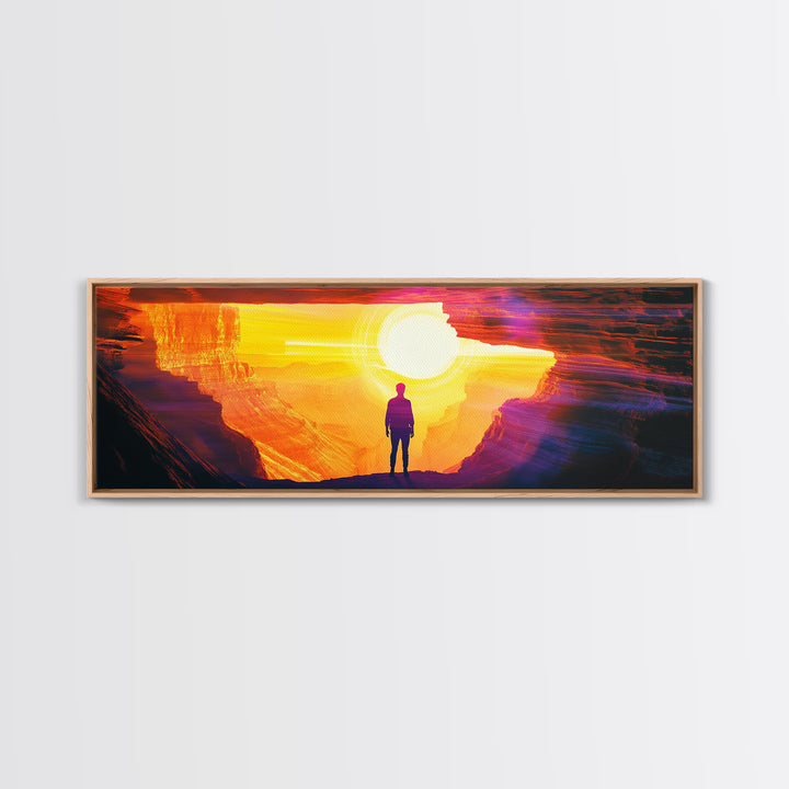 Lone Figure In Glowing Canyon Portal Canvas Print, Abstract Desert Landscape Wall Art, Modern Sci Fi Home Decor, Oversized Living Room Decor