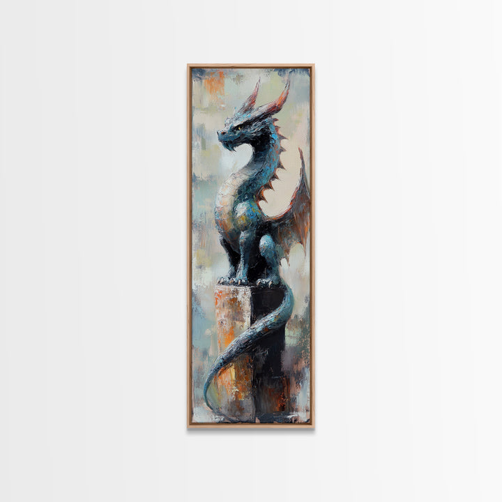 Blue Dragon Statue Canvas Print, Fantasy Wall Art, Gothic Fairy Tale Decor, Mythical Creature Art, Unique Gift For Gamer
