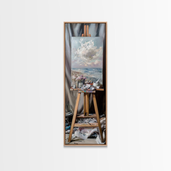Seascape Painting On Studio Easel Framed Canvas Print, Coastal Wall Art, Artist Gift, Ocean Decor, Art Studio Home Decor
