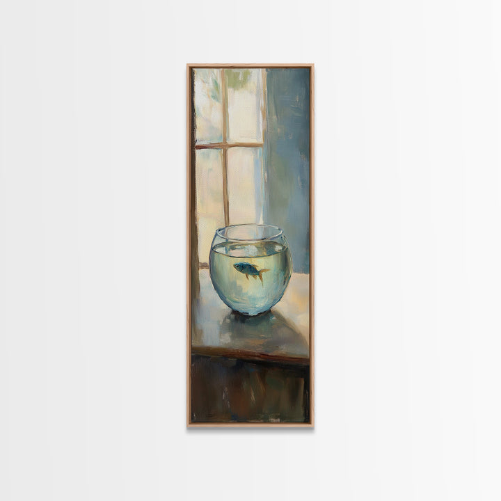 Goldfish Bowl By Window Canvas Print, Whimsical Animal Wall Art, Coastal Bathroom Decor, Kids Room Art, Unique Gift, Fish Painting
