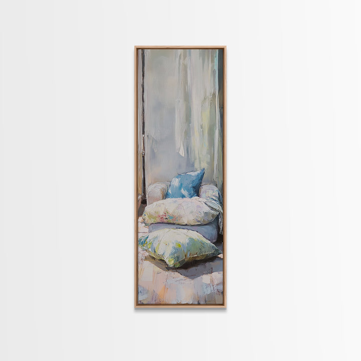 Cozy Window Pillows Framed Canvas Print, Soft Neutral Wall Art, Bedroom Decor, Above Bed Art, Guest Room Decor Gift For Her