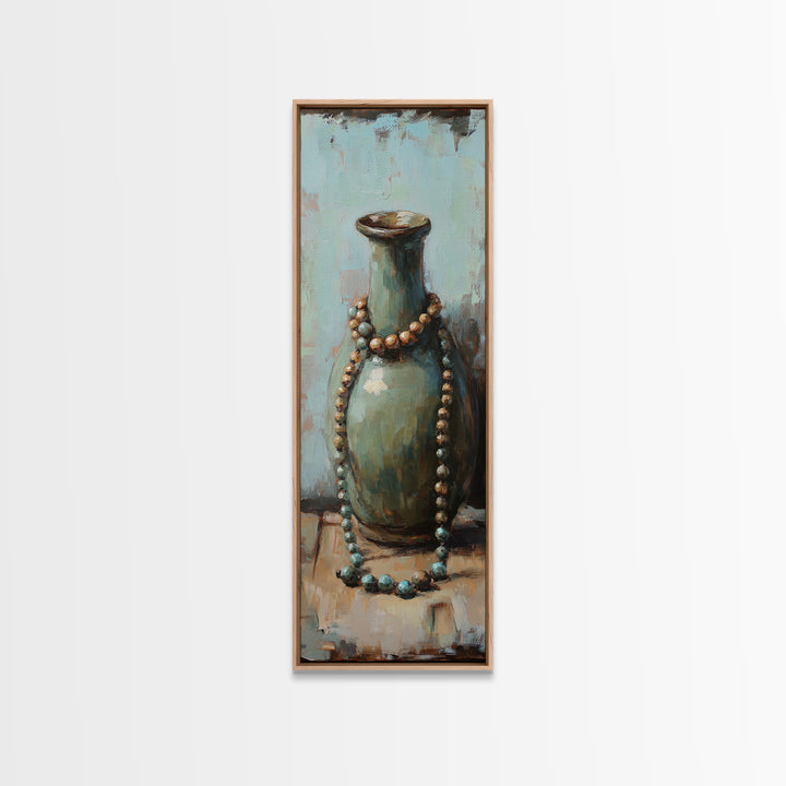 Turquoise Ceramic Vase With Beaded Necklace Canvas Print, Boho Wall Art, Still Life Painting, Eclectic Home Decor Gift For Her