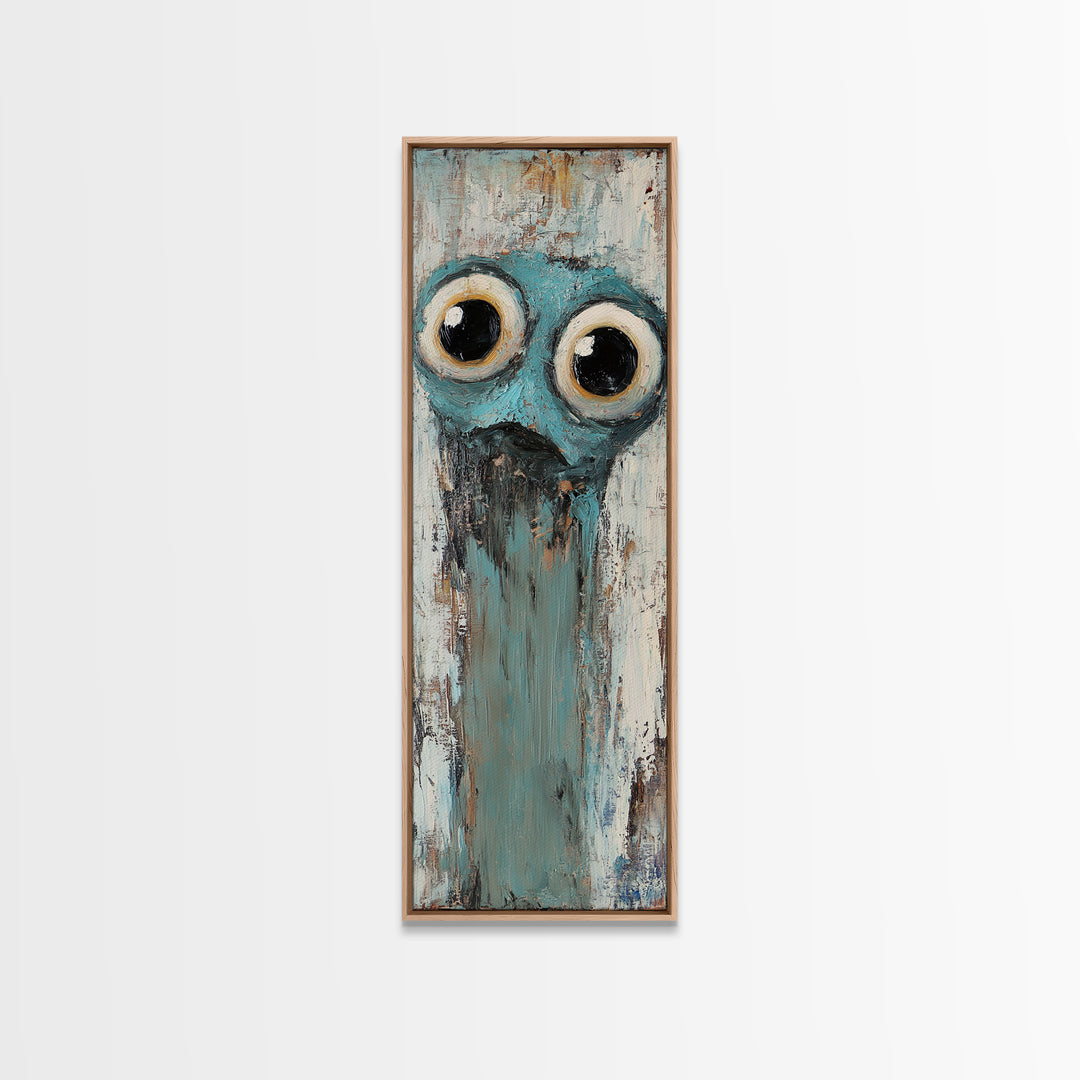 Wide Eyed Blue Owl Portrait Canvas Print, Whimsical Animal Wall Art, Quirky Nursery Decor, Funny Bird Gift For Kids Room Decor
