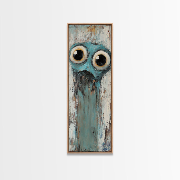 Wide Eyed Blue Owl Portrait Canvas Print, Whimsical Animal Wall Art, Quirky Nursery Decor, Funny Bird Gift For Kids Room Decor