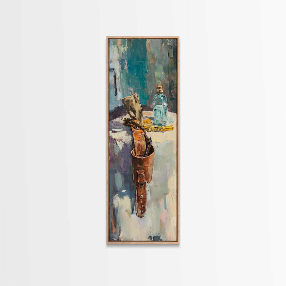 Leather Satchel And Blue Bottle Studio Still Life Framed Canvas Print, Rustic Wall Art, Office Decor, Gift For Him, Man Cave Decor