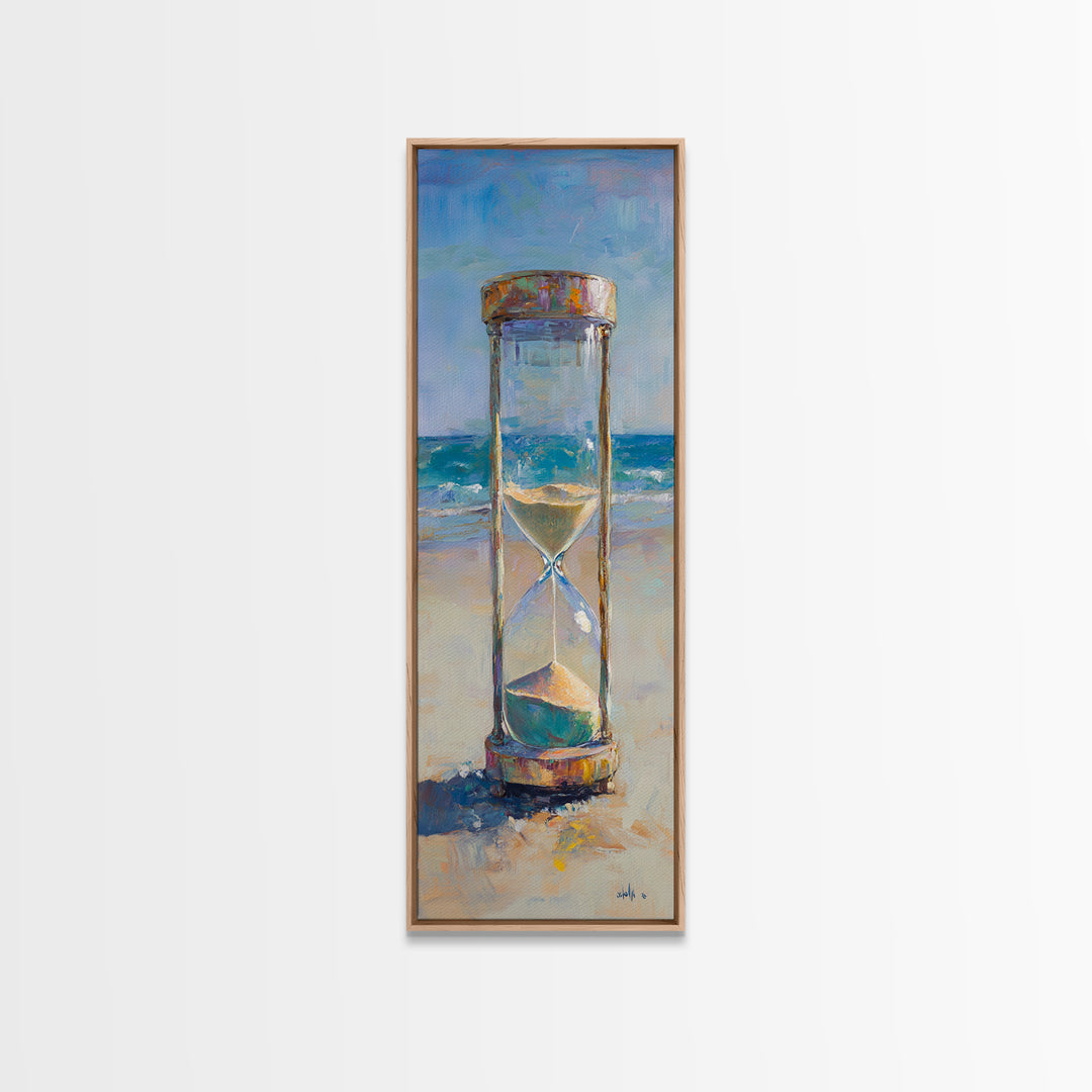 Beach Hourglass On Sandy Shore Canvas Print, Coastal Oil Painting, Nautical Ocean Wall Decor For Beach House Living Room