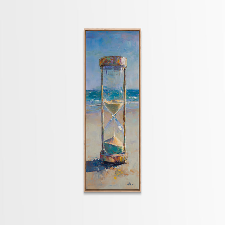 Beach Hourglass On Sandy Shore Canvas Print, Coastal Oil Painting, Nautical Ocean Wall Decor For Beach House Living Room
