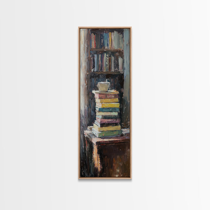Stack Of Books And Coffee Mug Wall Art, Cozy Library Oil Painting Print, Book Lover Reading Nook Home Office Decor Gift For Readers