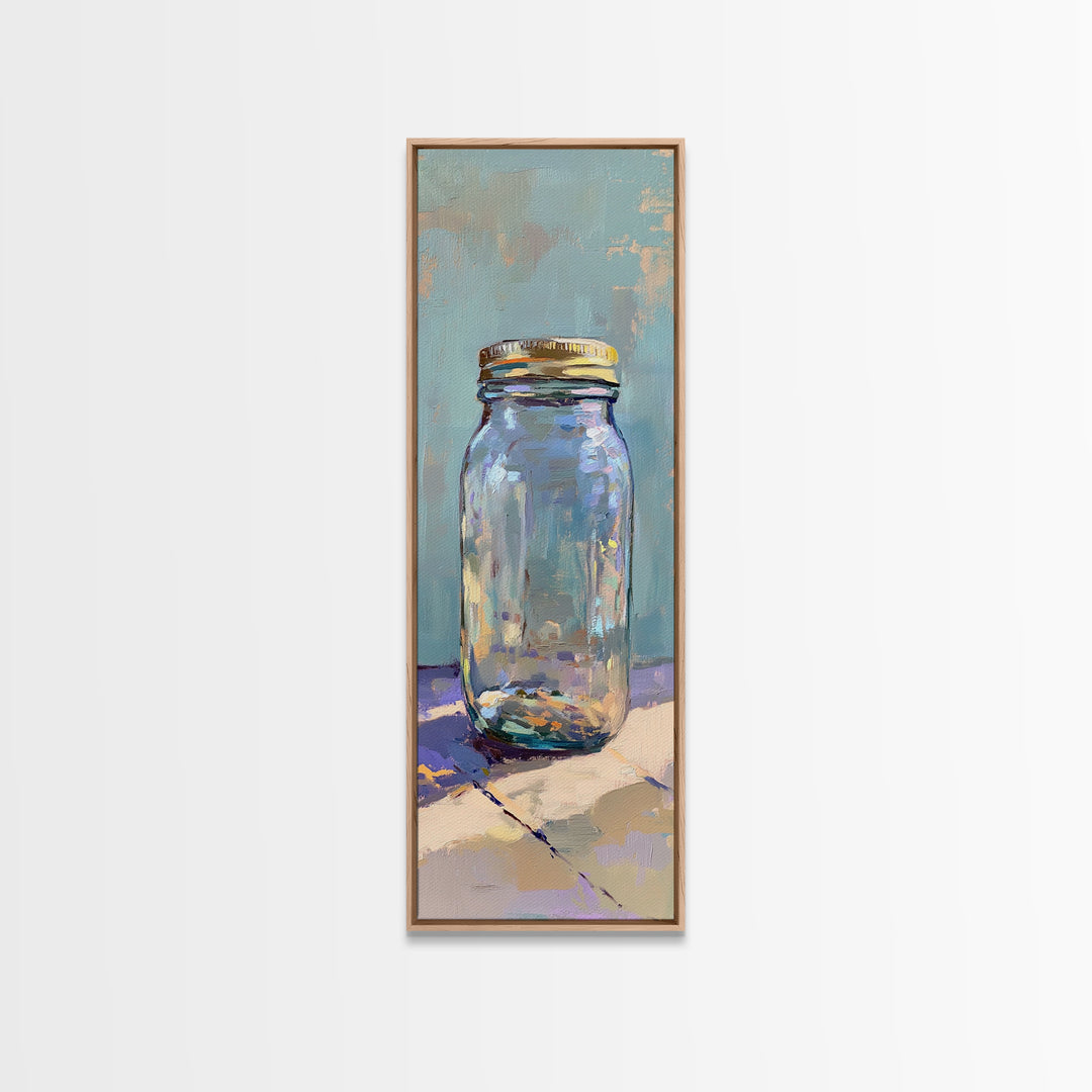 Clear Mason Jar On Blue Table Wall Art, Modern Rustic Still Life Oil Painting Print, Minimal Farmhouse Kitchen Home Decor Gift