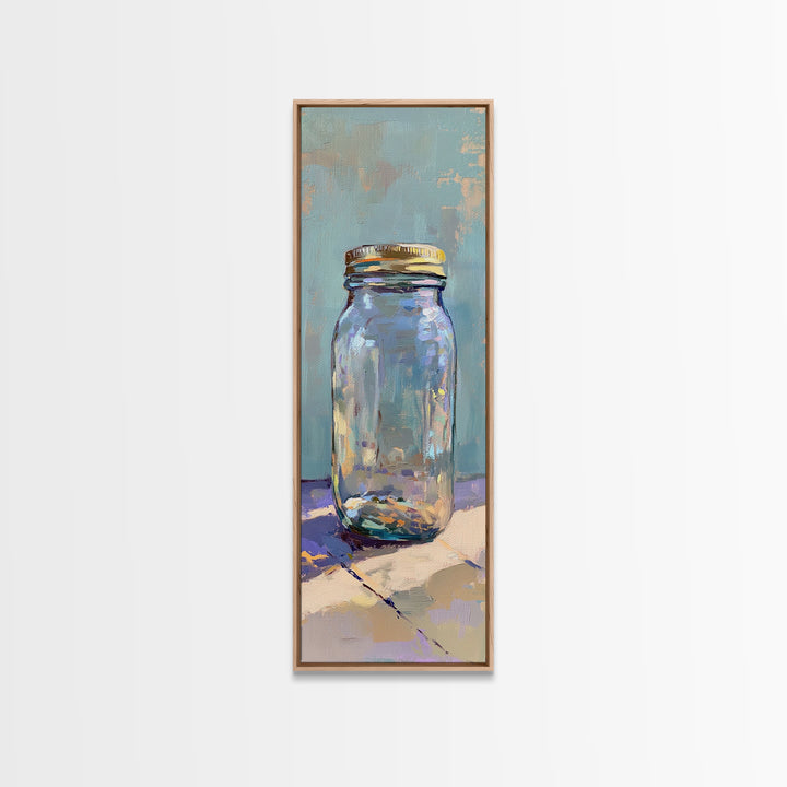 Clear Mason Jar On Blue Table Wall Art, Modern Rustic Still Life Oil Painting Print, Minimal Farmhouse Kitchen Home Decor Gift