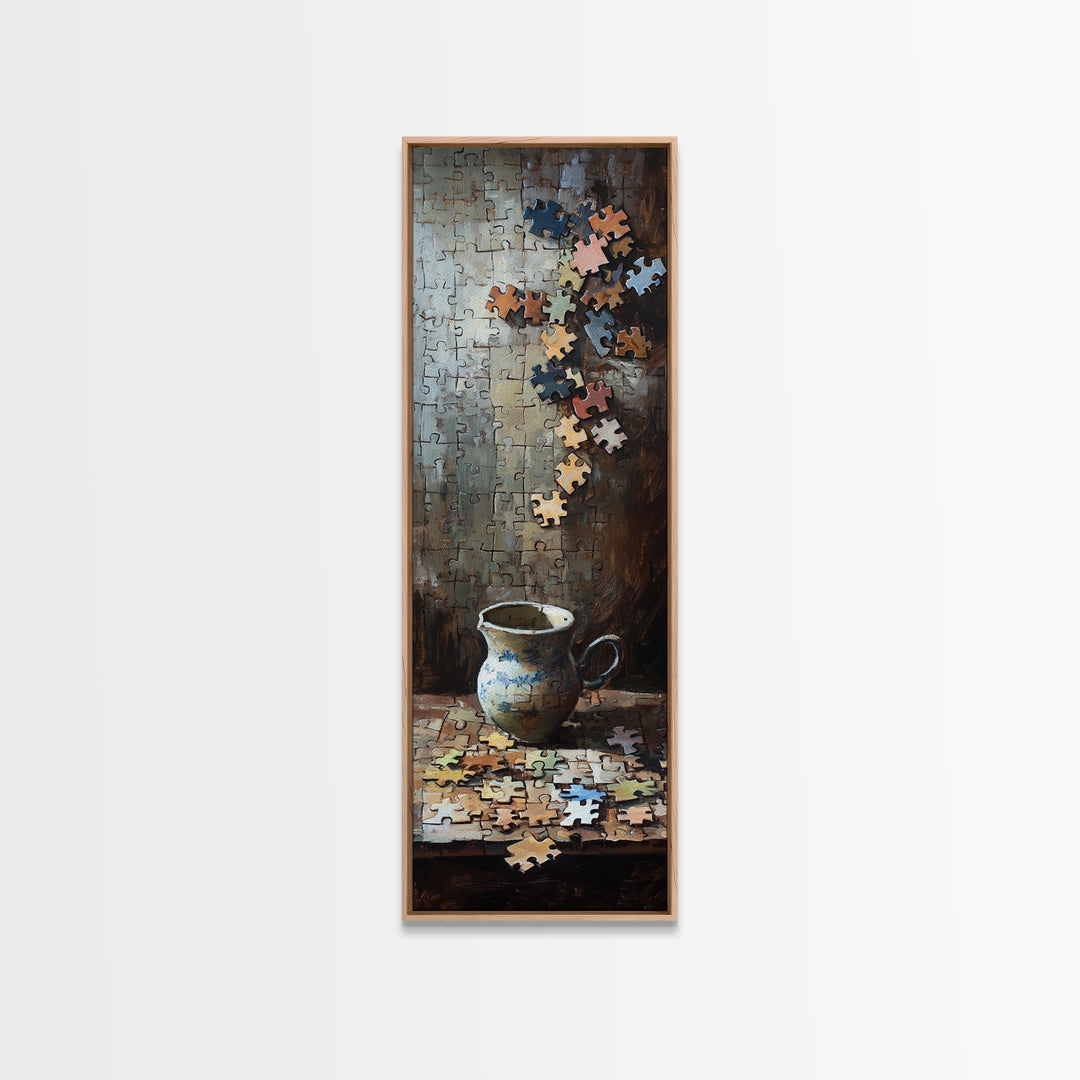 Floating Puzzle Pieces And Teacup Wall Art, Whimsical Still Life Oil Painting Print, Eclectic Game Room Home Decor Gift Idea