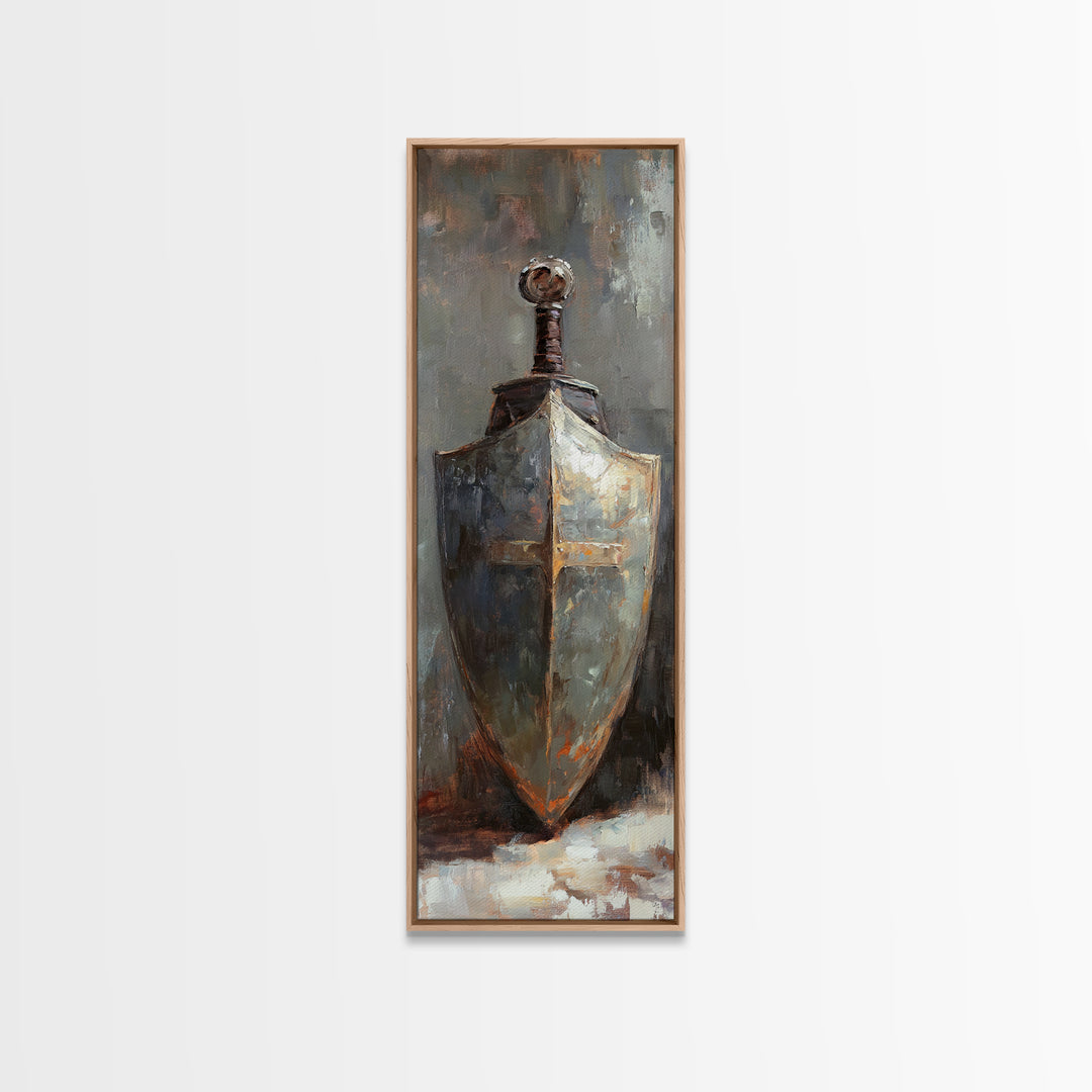 Medieval Shield And Sword Wall Art, Dark Academia Canvas Print, Rustic Gothic Decor, Fantasy Armor Painting, Masculine Office Art