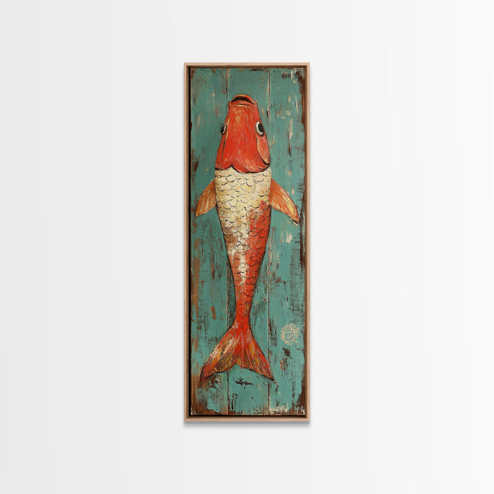 Red Koi Fish On Turquoise Wood Wall Art, Nautical Coastal Canvas Print, Rustic Beach House Decor, Ocean Lover Gift For Him