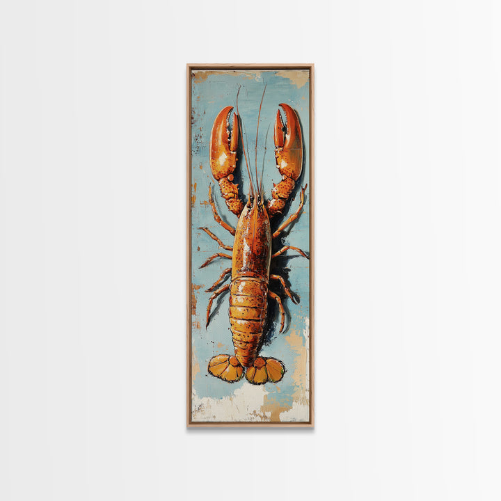 Orange Lobster On Weathered Blue Wall Art, Coastal Kitchen Decor, Nautical Canvas Print, Seafood Wall Decor, Beach House Gift
