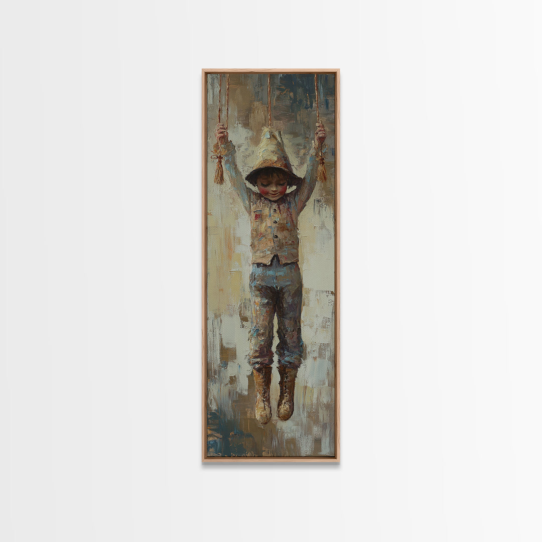 Hooded Child On Swing Wall Art, Whimsical Canvas Print, Nursery Decor, Kids Room Art, Storybook Gift, Playroom Decor For Children